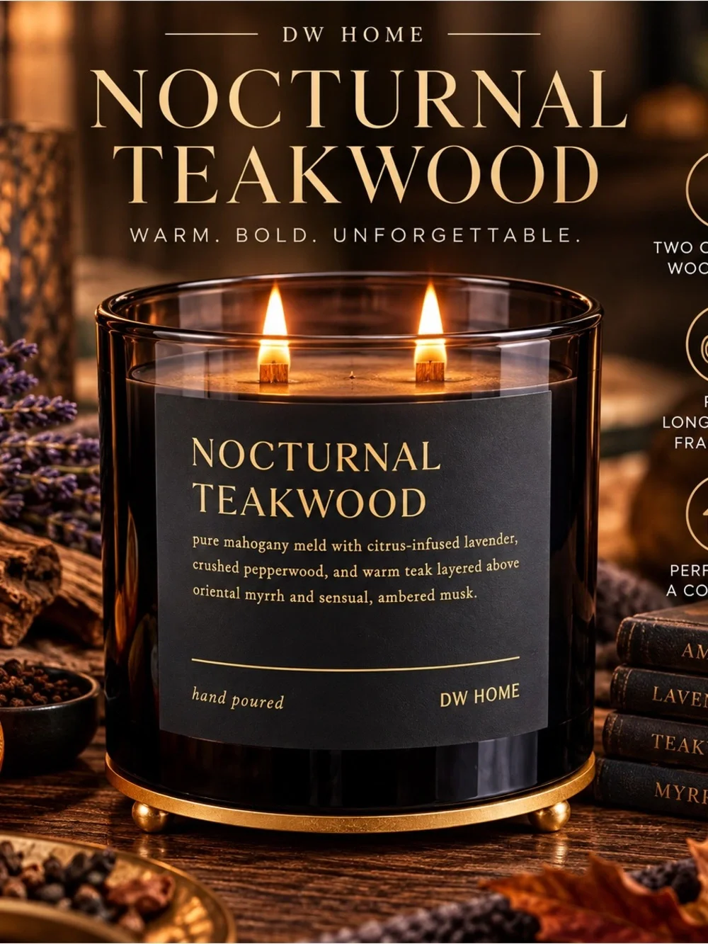 DW Home Nocturnal Teakwood Candle — Black and Gold